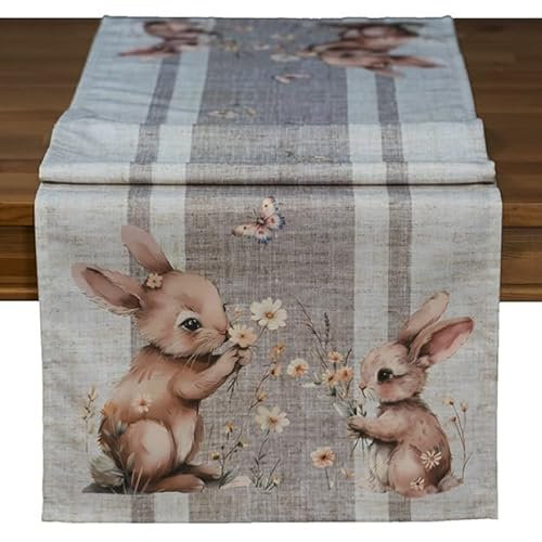 Tischdecke Mitteldecke Tischläufer Frühling Ostern beige Leinenoptik Druckdesign Häschen mit Blümchen Verschiedene Größen (40 x 140 cm)