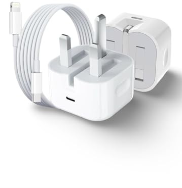 20W Fast Charger, USB-C 20W Wall Charger with Fast Charge Cable, UK 3-Pin Plug, White. Compatibility with iPhone 14/14 plus/ 14 pro/13/12/11/X/XR/SE/8/7