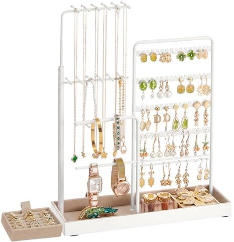 SONGMICS Portagioie, Espositore per Gioielli, Porta Orecchini, Metallo, Vassoio in Velluto, Porta Collane Regolabile, Altezza 30,9-47,5 cm, Bianco Opaco JJS026W01