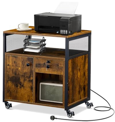 LEMROE Mobile File Cabinet with Lockable Drawer, Industrial Style Office Filing Cabinet with Charging Station and Open Shelf, Durable Printer Stand for Home Office