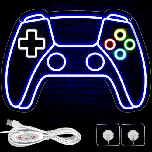 Dhqkqg Game Neon Sign, Dimmable Gamepad Shape LED Neon Light Signs, Blue Led Light Sign Gaming with Switch, Powered by Battery or USB, Neons Lamp for Bedroom Game Room Party Wall Decor
