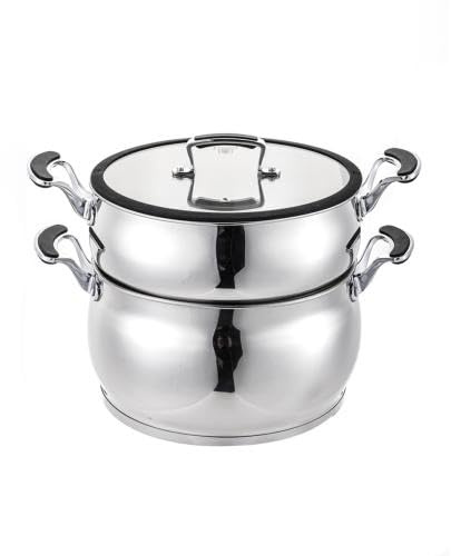 Couscoussier Inox 28 cm | Inox résistant, 17 L au total, panier vapeur, cuve graduée, couvercle en verre, induction, idéal 8 à 10 convives