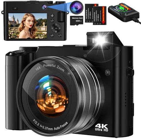 Fotocamera digitale, Bofypoo 64 MP autofocus Vlogging fotocamera con doppia fotocamera anteriore e posteriore Scheda di memoria 32G, fotocamera digitale compatta 4K con zoom digitale 16X per