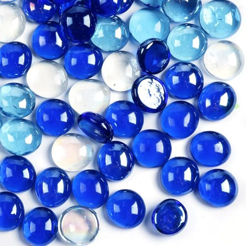 MBKHFLL 1LB Flat Glass Marbles for Vase, 100 Pcs Mixed Blue Color Glass Pebbles. Glass Rocks for Vase Fillers Fish Tank Crafts Plant Pot Candle Bird Fountains and Wedding Decor