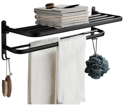 DUANSIYU Porte Serviette Salle De Bain Porte-Serviettes à Double Couche Support Mural Mobile Noir Support de Douche en Aluminium Porte Serviette(48CM-Double Layer-D2)