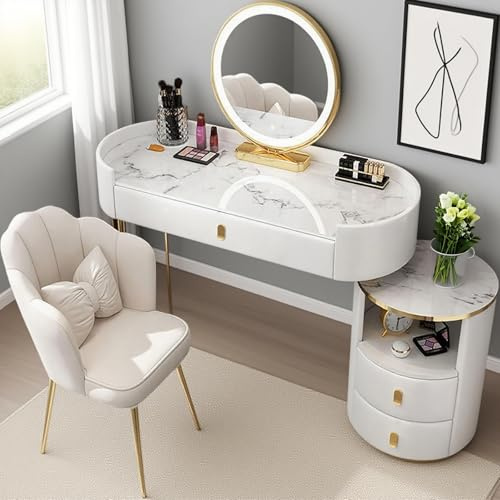 Moderner Marmor-Schminktisch, Waschtischset mit Stuhl und Schubladen Make-up-Tische mit 3-Farben-LED-Leuchten Spiegel Make-up-Waschtisch für Mädchen und Damen (Weißgold, 100cm)