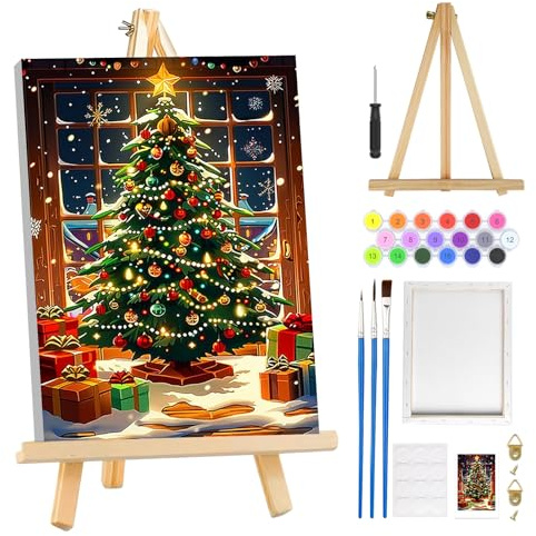 MOGTAA Noël Peinture Numero Enfant Adulte avec Cadre, Sapin de Noël Peinture par Numero Adulte avec Chevalet, DIY Numéro d'Art Kits, Loisirs Créatifs Adultes, pour décoration, 20x30cm