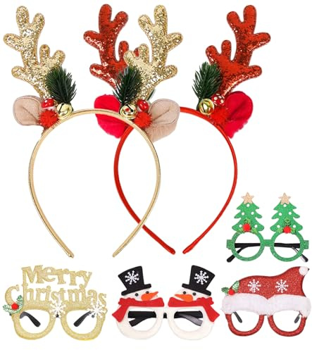 2 Weihnachten Geweih Haarreif, 4 Weihnachtsbrillen, Rentier Stirnband mit Glöckchen Weihnachts Kopfschmuck Damen, Glitzer Haarreifen, Weihnachtsstirnband für Kinder Adventskalender Kostüm Karneval