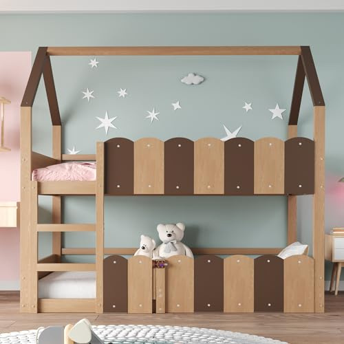 Luxeza Kinder-Etagenbett 90 * 200 cm, Hausförmiges Design mit erhöhten Sicherheitsgeländern. Das Obere Bett verfügt über Einen Lattenrost. Geeignet für Jungen und Mädchen (Holzfarbe)