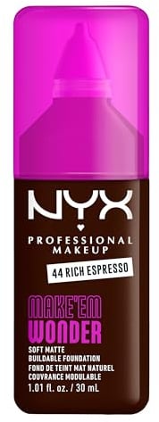 NYX Professional Makeup Make 'Em Wonder Foundation, 24H Soft Matte Aufbaubare Foundation, Mit hoher Deckkraft, Mattes Finish, 44 Rich Espresso