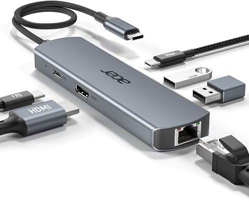 acer Hub USB C 6 in 1 con Ethernet 1Gbps, HDMI 4K@60Hz, PD100W | 1 USB-C 5 Gbps, 2 USB-A 3.0, docking station multiporta per iPhone 17/16, MacBook iPad Pro/Air, Mac mini M4, Galaxy S26 ecc.