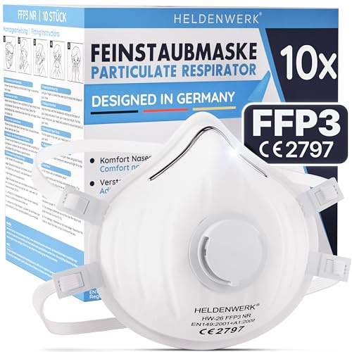 HELDENWERK® FFP3 Maske mit Ventil – 5er, 10er oder 20er Set – Atemschutzmaske/Staubschutzmaske zertifiziert Ausatemventil – Staubschutzmasken mit verstellbaren Hinterkopfband