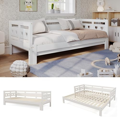Feoffey White Heart-Shaped Wooden Daybed with Pull-Out Trundle, 3FT | Single Sofa Bed/Guest Bed, Solid Pine Cabin Bed, Living Room & Bedroom, 90x190cm