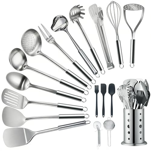 Juego de utensilios de cocina de acero inoxidable, 18 piezas, con espátula, cucharón de sopa, pala ranurada, colador, tenedor de carne, cuchara de aceite, batidor de huevos, trituradora de patatas