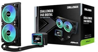 ASRock Challenger 240 Digital All-in-One Liquid CPU-Kühler, 240mm Radiator, 7,6 cm intelligente Digitalanzeige, ARGB Beleuchtung, 0dB Modus, 6 Jahre Garantie