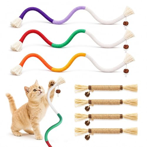 Wosyoodo 7 Piezas de Juguete de Hierba gatera, 3 Cuerdas de mordida para Gatos y 4 palitos masticables Naturales de matatabi, Juguetes de Hierba gatera para Gatos de Interior, Limpieza de Dientes de