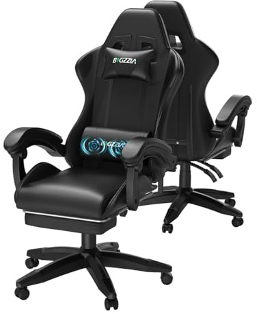 Bigzzia Silla Gaming, Sillas Gaming con Masaje y Reposapiés (Negro)