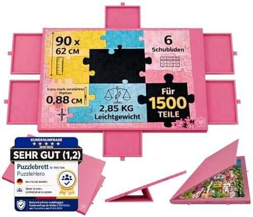 Puzzlebrett bis 1500 Teile, NEU mit verstärkten Platten 0,88cm, Neigbar, Klappbar, Leicht, Tragbarer Filz Puzzletisch, 6 Sortierschubladen, Faltbare Puzzleaufbewahrung, rutschfeste Oberfläche (Rosa)