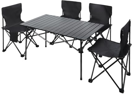 Makamsui Table de Camping Pliante avec 4 chaises, Ensemble 5 pièces, Sac de Transport, mobilier extérieur Portable pour Repas, Pique-Nique, pêche, BBQ, Jardin et Camping-Car (Noir)