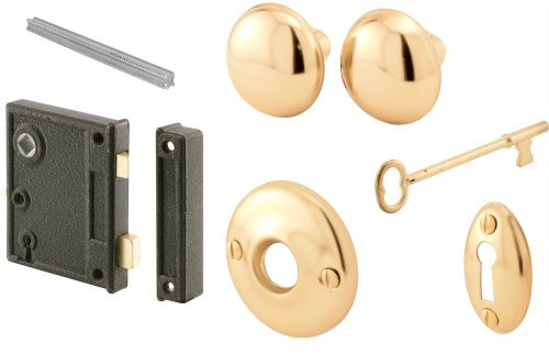 Prime-Line E 2437 Vertical Trim Vintage Lock Set – Cast Steel Construction, Brass Plated Knobs, Antique Skeleton Key Locking System – 2-1/2” Backset, Surface Mounted on Right-Hand Swing-In Interior Doors