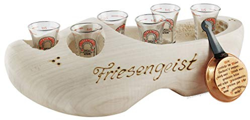 6er Friesengeist Servierholzschuh mit 6 Gläsern und Pfännchen ca.35cm lang