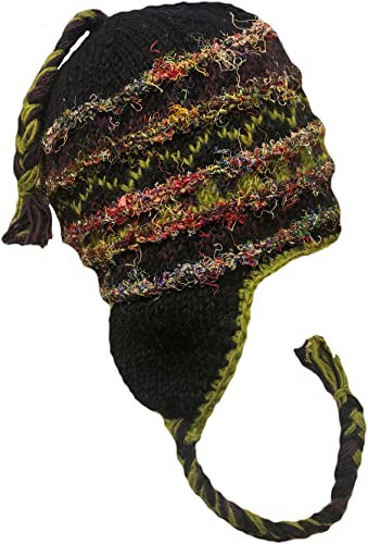 Nepal Handgestrickte Sherpa-Mütze mit Ohrenklappen, Trapper-Skimütze, schwere Wolle, Fleecefutter (grüner Regenbogen-Slub)