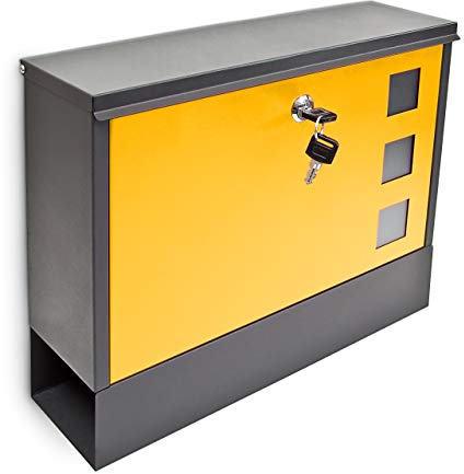 Relaxdays Boîte aux lettres murale, HLP : 30 x 36 x 10 cm, compartiment à journaux, porte-courrier, métal, noir/jaune