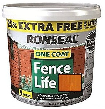 Ronseal 5L One Coat Life - Quick Dry Garden Shed & Fence Paints 5 Litres (Medium Oak)