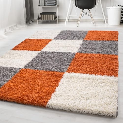 Carpetsale24 Hochflor Teppich Shaggy kariert 80x150 cm Orange, weich & flauschig, modernes Karo Design, rechteckig, ideal für Flur oder Kinderzimmer, stilvoll & gemütlich