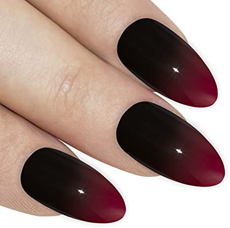 Bling Art Almond False Nails Fake Stiletto Gel Polished Glossy Glitter 24 Long Tips Glue (Venus Red Black)