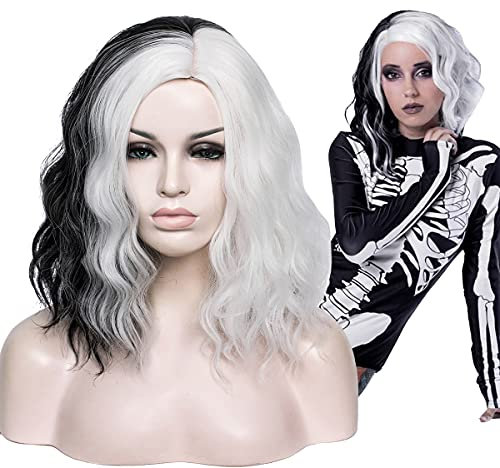 Aicos Kurze schwarze und weiße Kostümperücke für Frauen Halloween gruselige lockige Perücke tägliches Kleid Karneval Party Maskerade Anime Cosplay Perücke + Perückenkappe