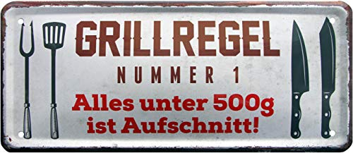 WOGEKA ART Retro Blechschild - Grill-Regel Nr.1 Alles unter 500g ist Aufschnitt - witziger Spruch als Geschenk-Idee Geburtstag Weihnachten Dekoration 28x12 cm Vintage-Design 1499