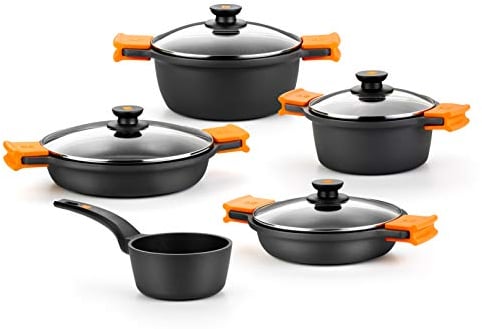 BRA Efficient Batería 9 Piezas Aluminio Fundido Antiadherente, apta todo tipo de Cocinas e Inducción (contiene 4 cacerolas y 1 cazo + 4 tapas)