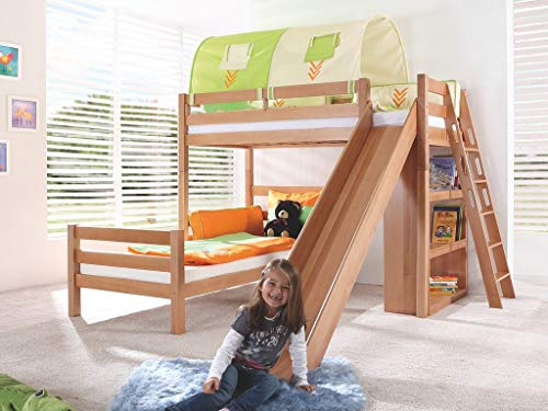 Froschkönig24 Etagenbett Sky Kinderbett mit Rutsche Spielbett Bett Natur Stoffset Indianer, Matratzen Oben/unten:mit 2X Matratze