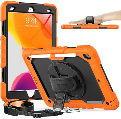 Timecity Case for iPad 9th/ 8th/ 7th Generation 10.2 inch - Heavy Duty Protective Cover with Screen Protector, Rotating Stand, Shoulder Strap & Pencil Holder | Kids-Friendly (Orange)