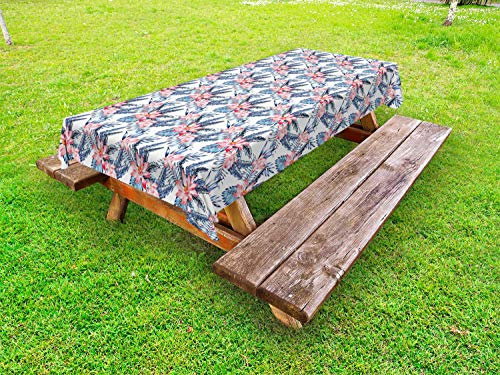 ABAKUHAUS Tropisch Outdoor-Tischdecke, Banana Palm Lilien, dekorative waschbare Picknick-Tischdecke, 145 x 265 cm, Coral Orange und Blau