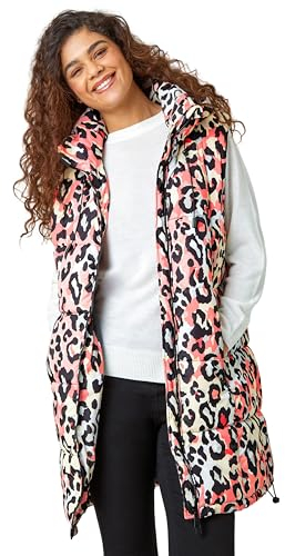 Roman Originals Quilted Gilet with Hood For Women UK Ladies Sleeveless Coat Hooded Jacket Padded Bodywarmer Winter Lightweight Warm Autumn Funnel Neck Longline Soft Bubbly - Coral - Size 16