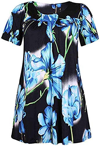 Purple Hanger Womens Floral Print Ladies Short Sleeves Stretch Round Scoop Neckline Long Smock Tunic T-Shirt Top Plus Size (22, Big Turquoise Floral)