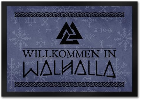 Willkommen in Walhalla Wikinger Fußmatte in 35x50 cm mit Runen und Knoten Motiven als Geschenk für echte Starke Nordmänner und Wikingerfans