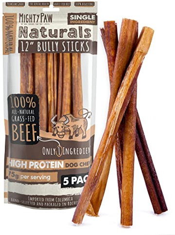 Mighty Paw Long Lasting 12 Bully Sticks for Dogs - All Natural Grass Fed Beef Chews. Lower Odor Dog Bully Sticks for Large Dogs, Medium and Small Breeds. Single Ingredient Treats