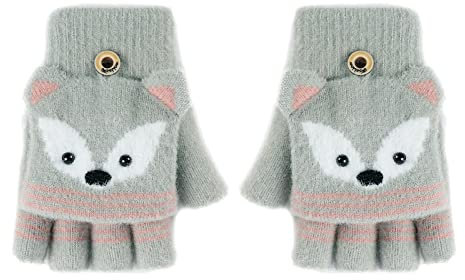 AfinderDE Kinder Fausthandschuhe Mädchen jungen Abnehmbare Klappe Strickhandschuhe Fäustlinge Handschuhe Fingerhandschuhe Fingerlos Halb Handschuhe Strick Handschuhe Winterhandschu L