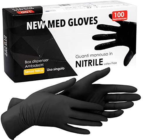 Guanti Neri Monouso in Nitrile Non Sterili Senza Lattice e Senza Talco per Pelli Sensibili Colore Nero Taglia M Confezione da 100 Guanti