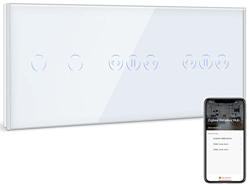 BSEED Smart ZigBee Schalter mit Vorhang Schalter,2 Fach 1 Weg Smart Touch Schalter und Vorhang Schalter arbeitet mit Smart Life/Tuya APP, kompatibel mit Alexa und Google Home Weiß(Hub erforderlich)