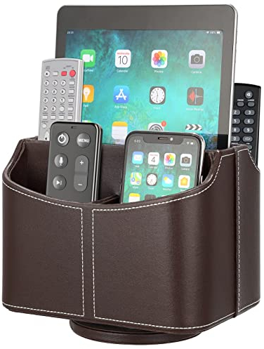 Remote Control Holder 5 Compartments 360 Degrees Rotatable Desktop Supply Organizer PU Leather Storage Caddy Box for TV Guide, Mail, Electronics, Phone, Eyeglasses, Cosmetic Pens, Coffee