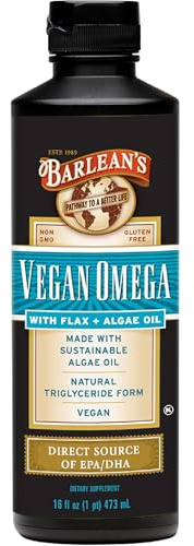 Barlean's Vegan Omega Liquid Flax and Algae Oil Plant Based EPA DHA Supplement from Algal Oil and Organic Flaxseed, Omegas 3 6 and 9 Fatty Acid Supplements, 16 Ounces