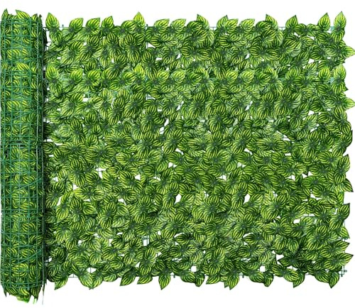 Jinwu Künstlicher Efeu-Sichtschutzzaun, 308 x 101 cm, künstliche Efeuhecke, erweiterbarer künstlicher Sichtschutzzaun mit 80 Kabelbindern, Dekoration für den Außenbereich, Garten, Farbdruck,
