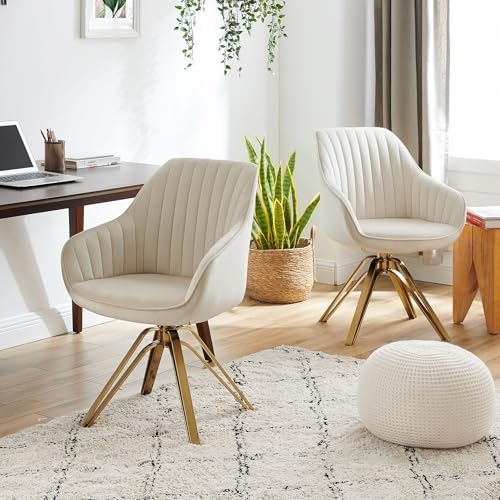 Zouron Chaise De Salle à Manger Lot De 2 en Velours avec Pieds DoréS, Chaise De Bureau Pivotante, Fauteuil De Salon avec Accoudoirs Et SièGe Rembourré éPais, Chaises de Cuisine, Beige