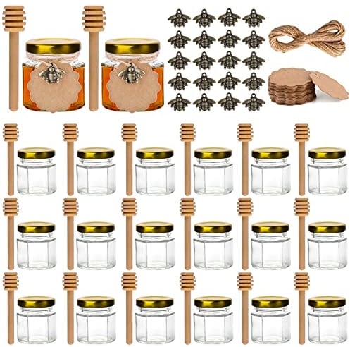 SXUUXB 20 Mini Pots à Miel En Verre Hexagone Avec Cuillères à Miel Petits Bocaux Avec Couvercle Doré Étiquettes En Papier Kraft Pendentif Abeille CuivrePour Bébé Baptême Mariage Cadeau De Fête