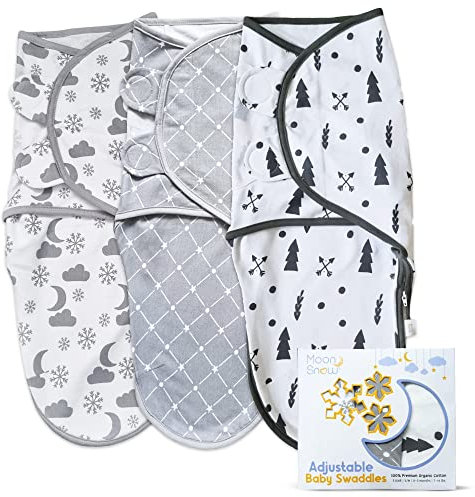 Moon Snow Baby Swaddle 0-3 months with Unique Nappy Access Zip, Pack of 3 100% Organic Breathable Cotton Adjustable Swaddles for newborn. Newborn Swaddle Set As Seen in VOGUE. Neutral Grey