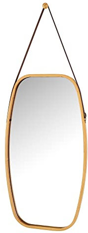 LOLAhome Espejo con Correa Ajustable de Polipiel, Marco de Bambú Natural, Espejo de Pared Redondo/Ovalado, Espejo de Pared para Baño, Comedor, Salón, Entrada (Marrón Ovalado 43x77 cm)